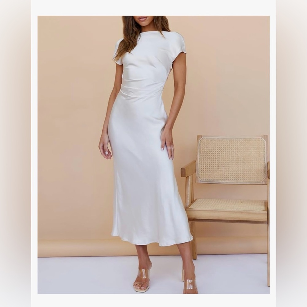 Bridal Rehearsal Dinner White Elegant Satin Cap Sleeve Cowl Back Dress - Size L